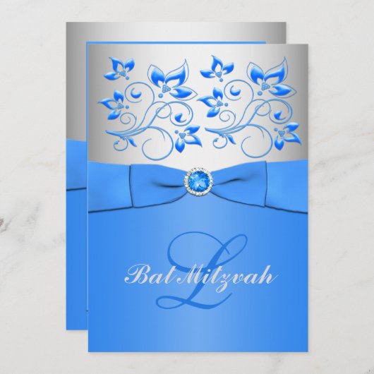 モノグラムの青い銀製の花のバルミツワーの招待状 招待状 (正面/裏面)