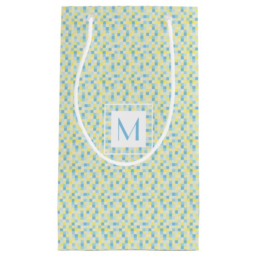 モノグラムの青および黄色の正方形の小さいギフトバッグ スモールペーパーバッグ (正面)