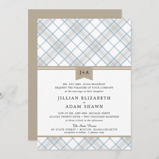 モノグラムの青とタンをシンプルに結婚展開 招待状 (正面/裏面)