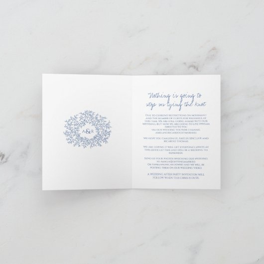 モノグラムの青と白の葉 ウェディング ライブ配信 案内状 (内部)