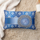 モノグラムの青のダマスク織 ランバークッション (ブランケット)