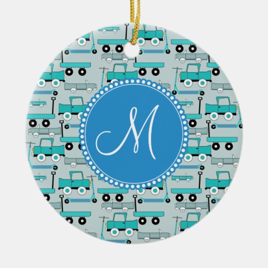 モノグラムの青はスクーター車ワゴントラックを動かします セラミックオーナメント (正面)