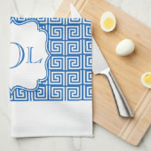 モノグラムの青及び白いギリシャ人の鍵の台所タオル キッチンタオル (四つ折り)