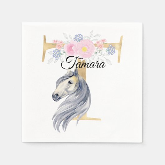 モノグラムの馬 名前の追加 カスタマイズ可 お花の乙女チック スタンダードカクテルナプキン (正面)