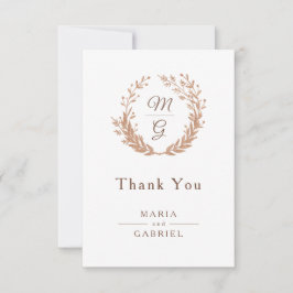 モノグラムの黄金色の葉のリース。ウェディング サンキューカード