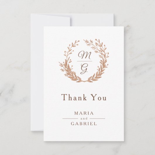 モノグラムの黄金色の葉のリース。ウェディング サンキューカード (正面)