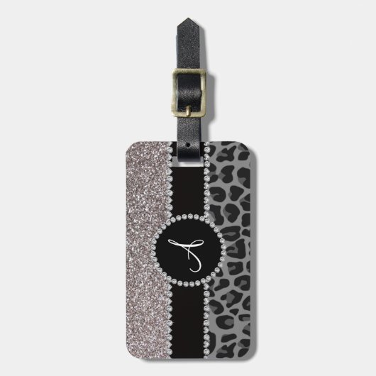 モノグラムの黒いヒョウの銀のグリッター ラゲッジタグ (正面縦)