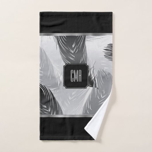 モノグラムの黒と灰色の羽毛パターン バスタオルセット (ハンドタオル)