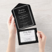モノグラムの黒と白のクラシック・アールデコ調の結婚式 オールインワン招待状 (貼ってはがせる)