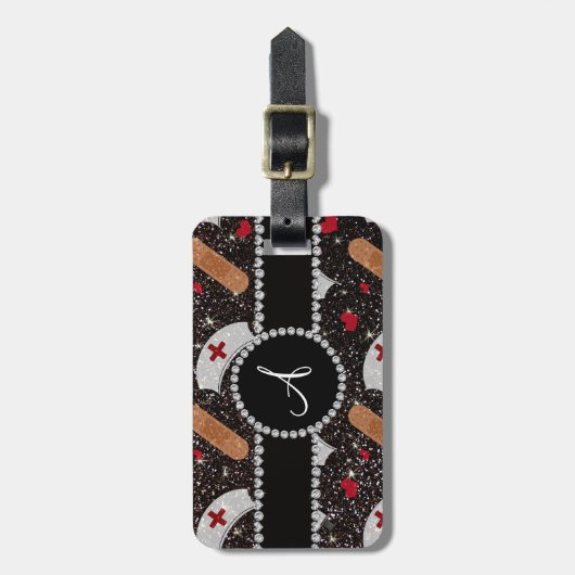 モノグラムの黒のグリッターのナースの帽子のハート ラゲッジタグ (正面縦)