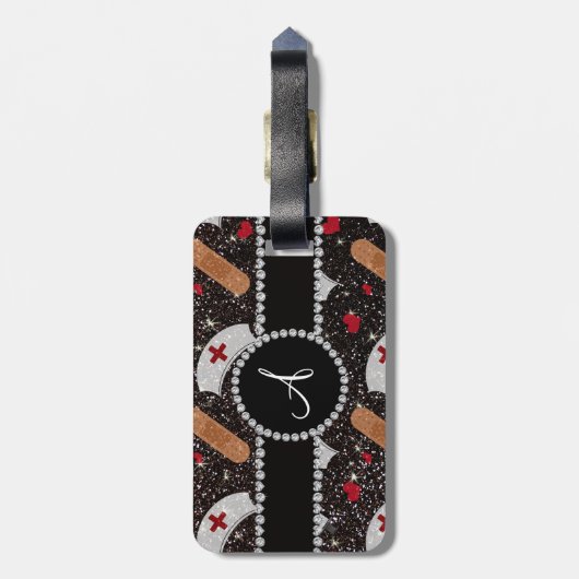 モノグラムの黒のグリッターのナースの帽子のハート ラゲッジタグ (裏面縦)