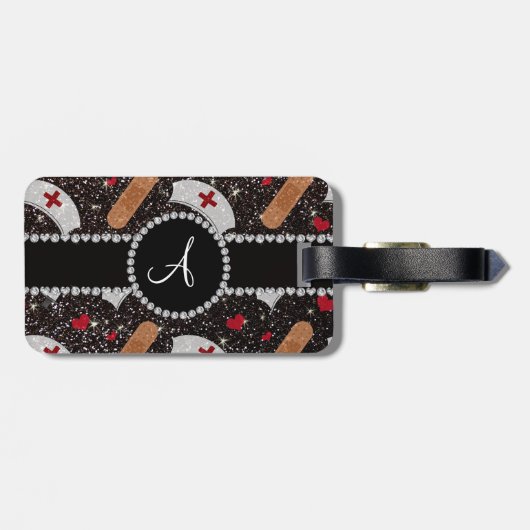 モノグラムの黒のグリッターのナースの帽子のハート ラゲッジタグ (裏面横)