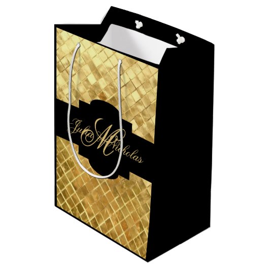 モノグラムの黒及び金ゴールド第50記念日のギフトバッグ ミディアムペーパーバッグ (裏面アングル)