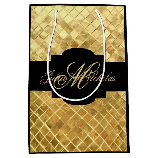 モノグラムの黒及び金ゴールド第50記念日 ミディアムペーパーバッグ (正面)