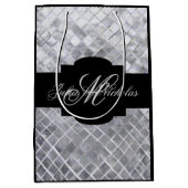 モノグラムの黒及び銀の第25記念日 ミディアムペーパーバッグ (正面)