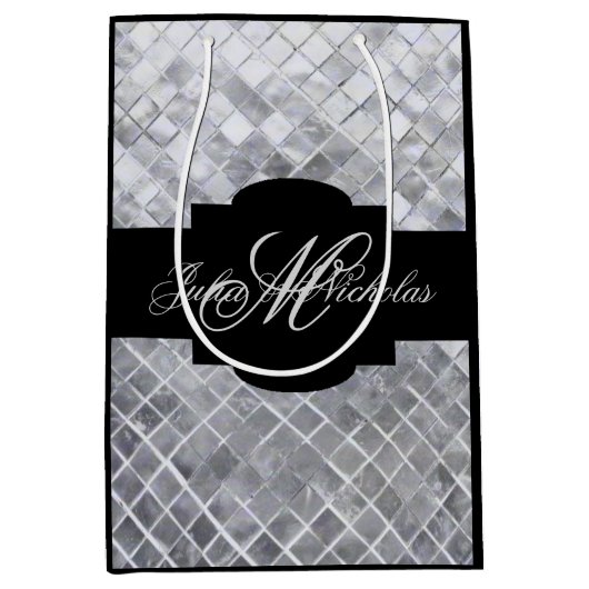 モノグラムの黒及び銀第25記念日のギフトバッグ ミディアムペーパーバッグ (正面)