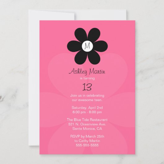 モノグラムの10代のな女の子の誕生日のパーティの招待状 招待状 (正面)