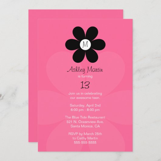 モノグラムの10代のな女の子の誕生日のパーティの招待状 招待状 (正面/裏面)