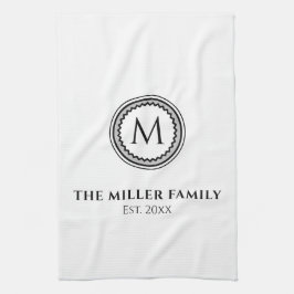 モノグラムの |ファミリ名 |白黒とグレー キッチンタオル