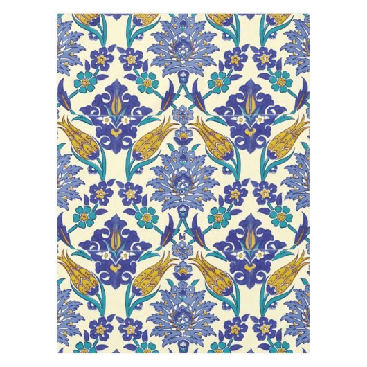 モノグラムのAzulejoの陶磁器のスタイルのヴィンテージのオーナメント テーブルクロス (正面)