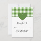 モノグラムのRSVPカードを結婚する緑の格子縞のハート 出欠カード (裏面)