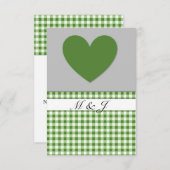 モノグラムのRSVPカードを結婚する緑の格子縞のハート 出欠カード (正面/裏面)