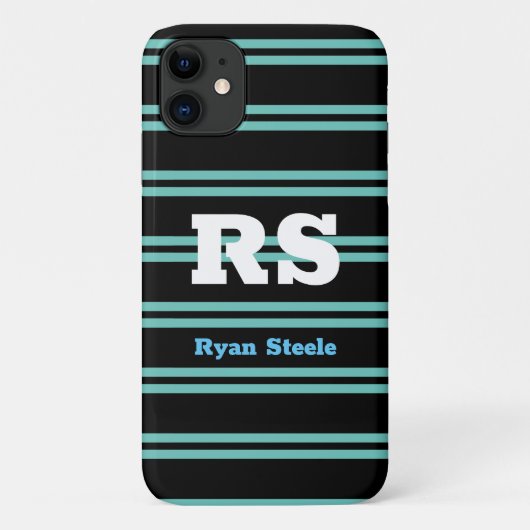 モノグラムはっきりしたと名前、ブラックのティール(緑がかった色)ライン Case-Mate iPhoneケース (裏面)