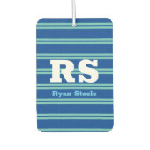 モノグラムはっきりしたと名前、深いブルーのLtティール（緑がかった色）ライン カーエアーフレッシュナー (正面)