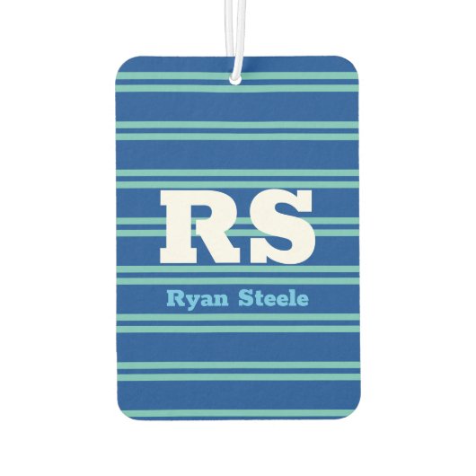 モノグラムはっきりしたと名前、深いブルーのLtティール（緑がかった色）ライン カーエアーフレッシュナー (裏面)