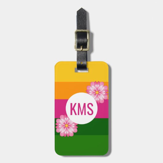 モノグラムはっきりしたイニシャルカラフルフローラストライプの ラゲッジタグ (正面縦)