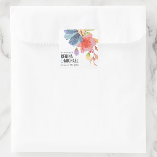 モノグラムはっきりしたウォーターカラーワイルドフラワーブルー結婚ズ スクエアシール (バッグ)