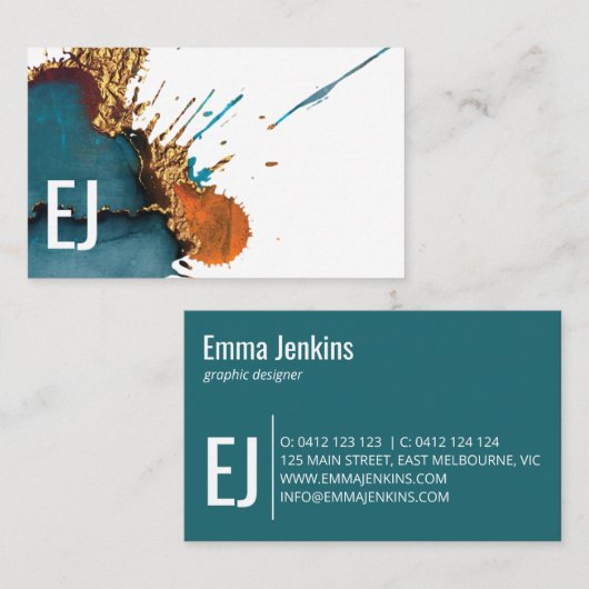 モノグラムはっきりしたターコイズと金ゴールド詳細 名刺 (正面/裏面)