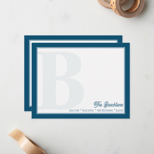 モノグラムはっきりしたネイビーブルー家族文房具 ノートカード (正面/裏面インサイチュ)