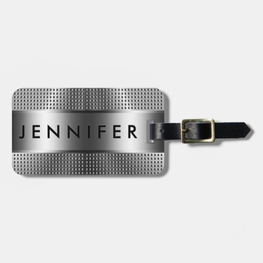 モノグラムはっきりした、金属銀灰色パターンデザイン ラゲッジタグ (正面横)