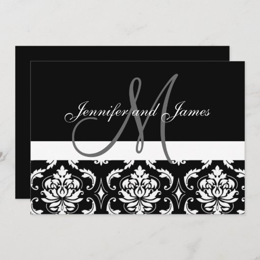 モノグラムは黒いダマスク織の結婚式招待状を示します 招待状 (正面/裏面)