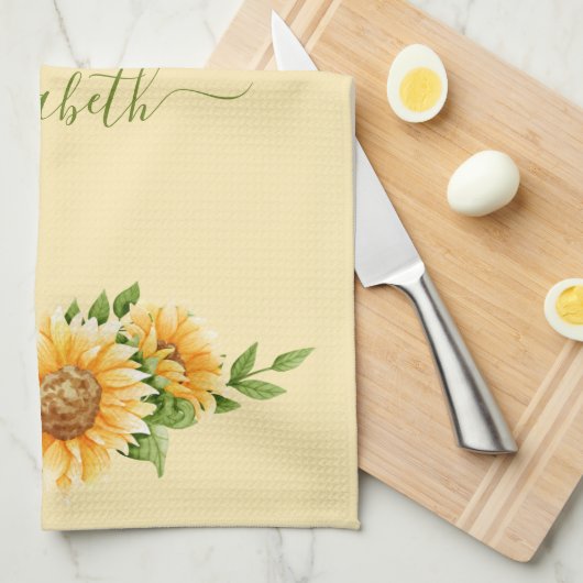 モノグラムひまわり花イエローグリーンフローラ花 キッチンタオル (四つ折り)