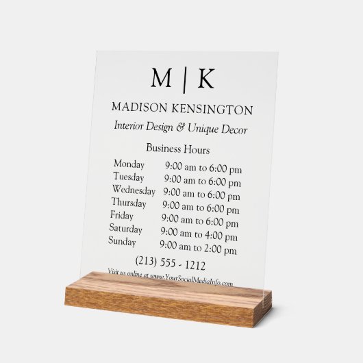 モノグラムまたはロゴの追加の営業時間澄ん アクリルサイン (傾斜)