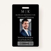 モノグラムまたはロゴの追加ビジネスブラックバーコードフォト バッジ (正面)
