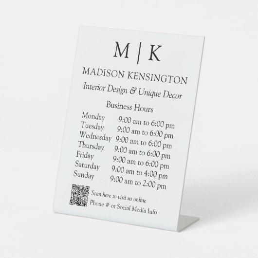 モノグラムまたはロゴの追加ビジネス時間QRコード 台座サイン (正面)