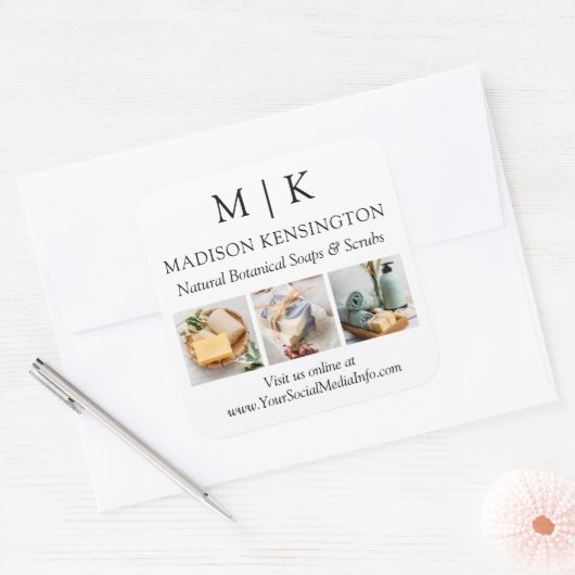 モノグラムまたはロゴの追加ビジネス3枚の写真 スクエアシール (封筒)