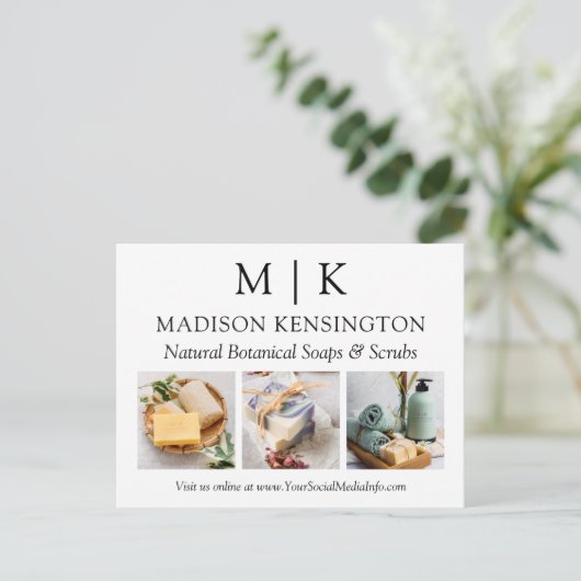 モノグラムまたはロゴの追加ビジネス3枚の写真 ポストカード (スタンド正面)