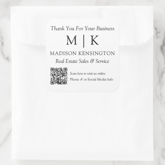 モノグラムまたはロゴの追加ビジネスQRコードありがとう スクエアシール (バッグ)