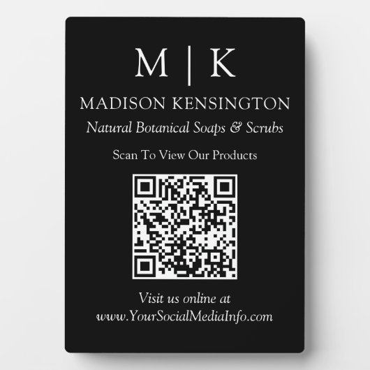 モノグラムまたはロゴの追加ビジネスQRコードブラック フォトプラーク (正面)
