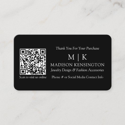 モノグラムまたはロゴの追加ビジネスQRブラックインサートカード 名刺 (正面)