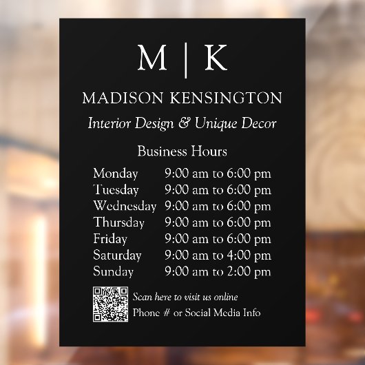 モノグラムまたはロゴを追加 ビジネスアワー QRコード ブラック ウィンドウサイン (シート2)