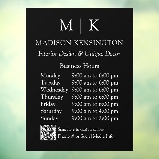 モノグラムまたはロゴを追加 ビジネスアワー QRコード ブラック ウィンドウサイン (シート3)