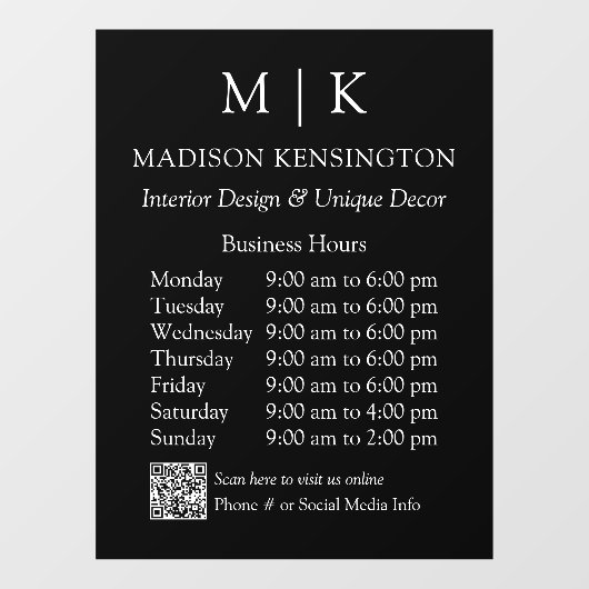 モノグラムまたはロゴを追加 ビジネスアワー QRコード ブラック ウィンドウサイン (シート)