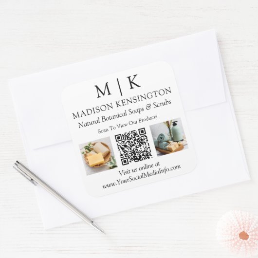モノグラムまたはロゴビジネスの追加QRコード2写真 スクエアシール (封筒)
