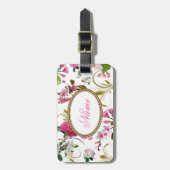モノグラムまたは名前をカスタムするのピンクの花 ラゲッジタグ (正面縦)
