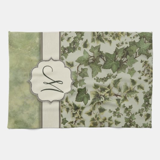 モノグラムを持つフィレンツェの水彩画のキヅタ キッチンタオル (横)